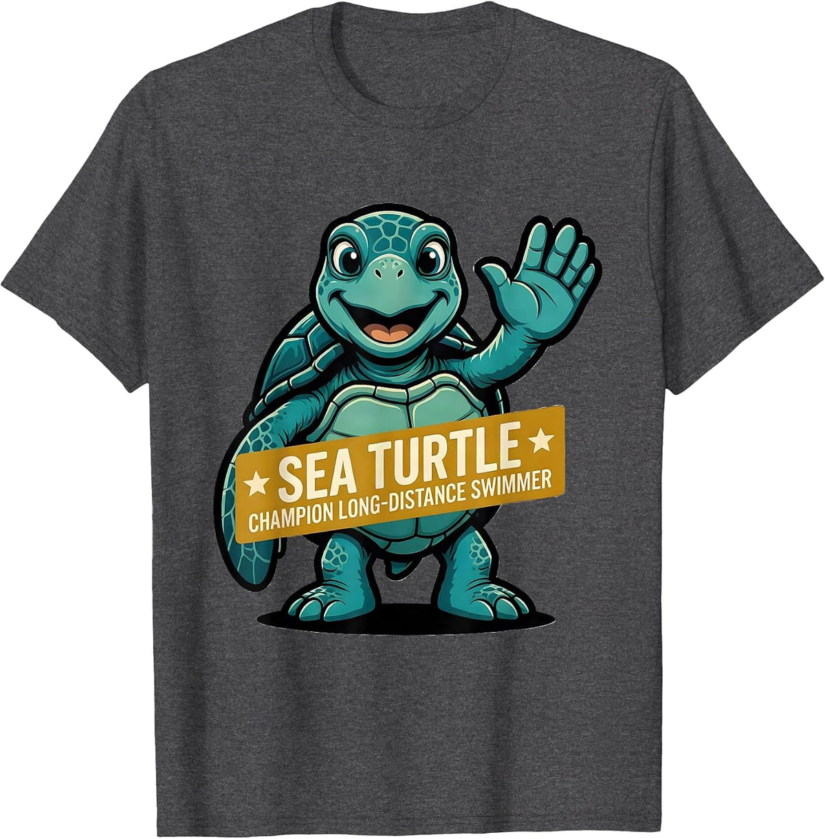 Sea Turtle: Champion Long-Distance Swimmer Retro Mascot T-Shirt - Dark Heather Grey