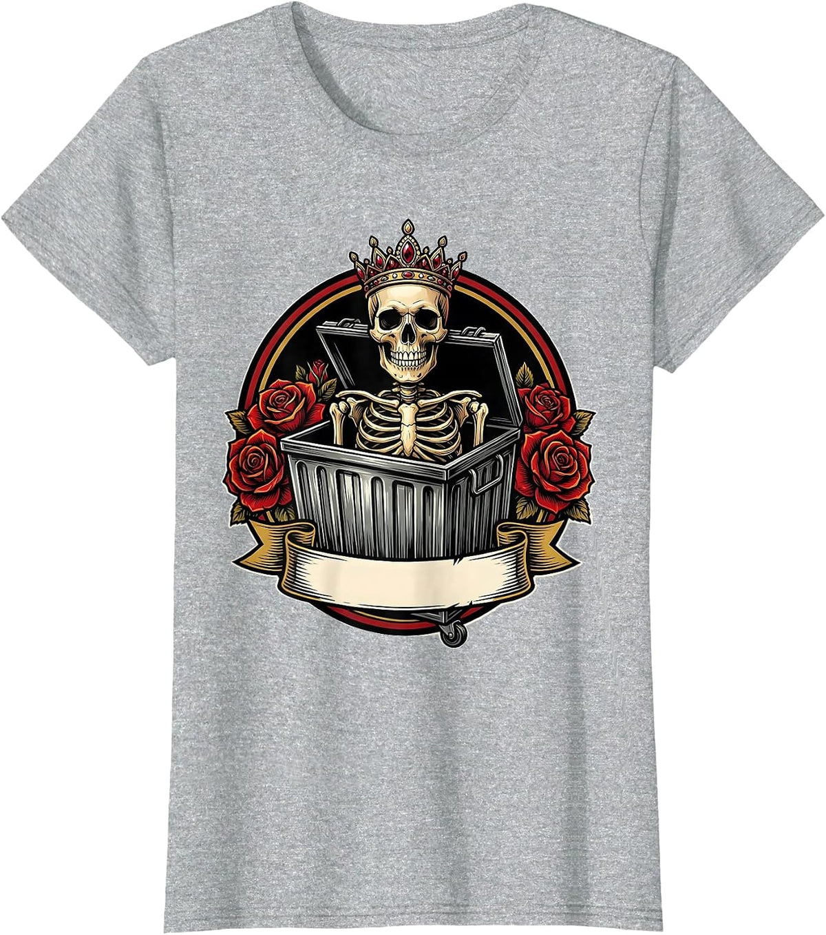 Skull Tiara Dumpster Funny Tattoo Culture Art T-Shirt - Heather Grey