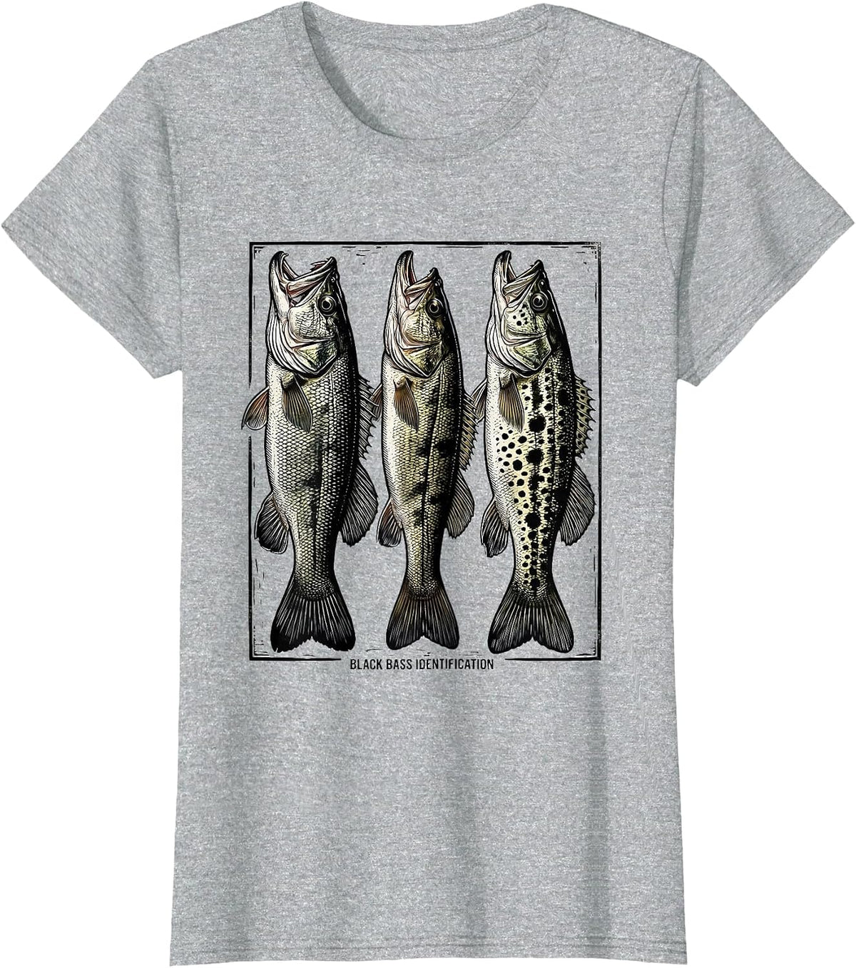 Women's Black Bass Identification Woodcut Engraving Fishing Chart T-Shirt - Heather Grey