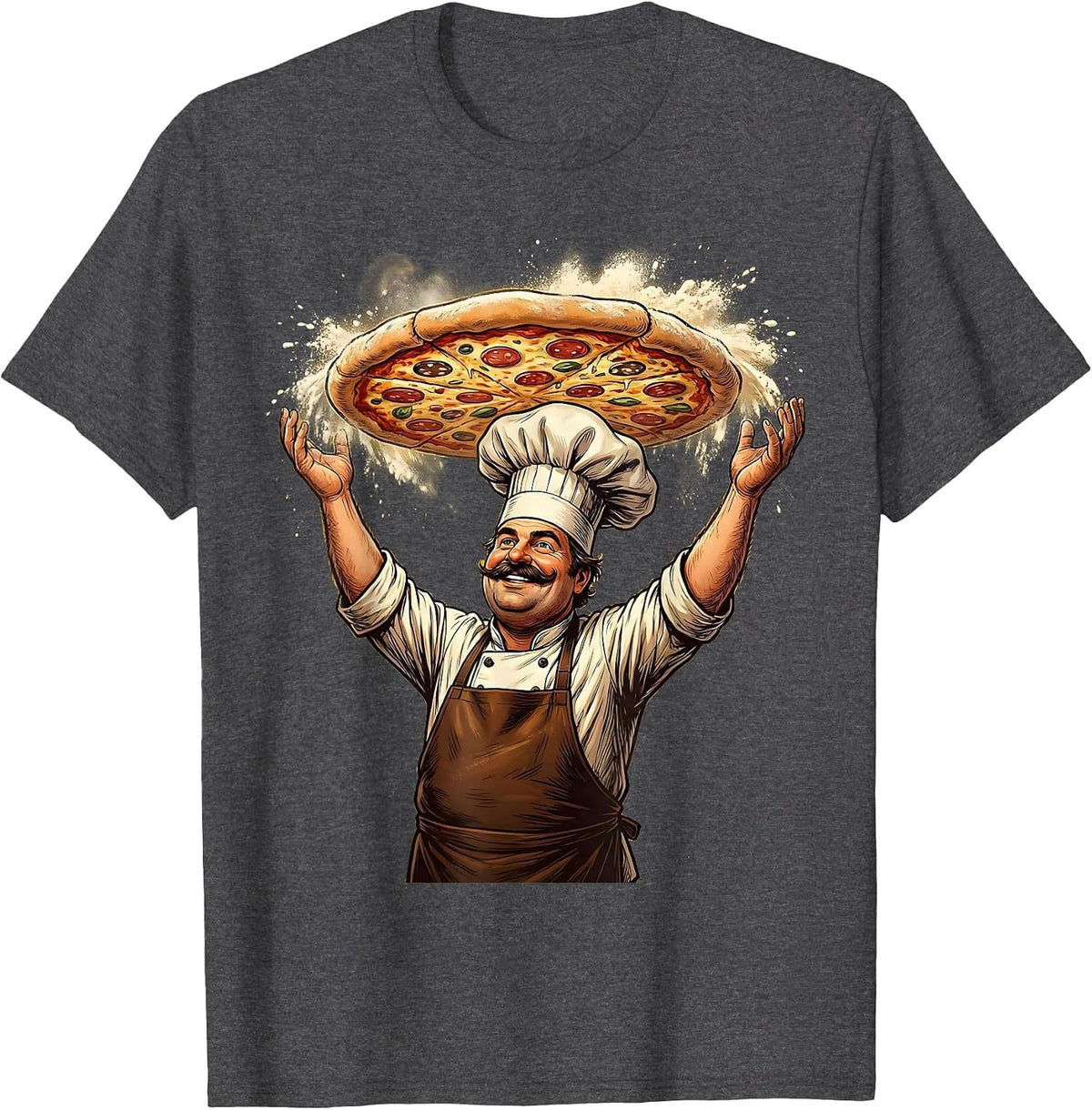 Italian Chef Pizza Dough Toss Illustration T-Shirt - Dark Heather Grey