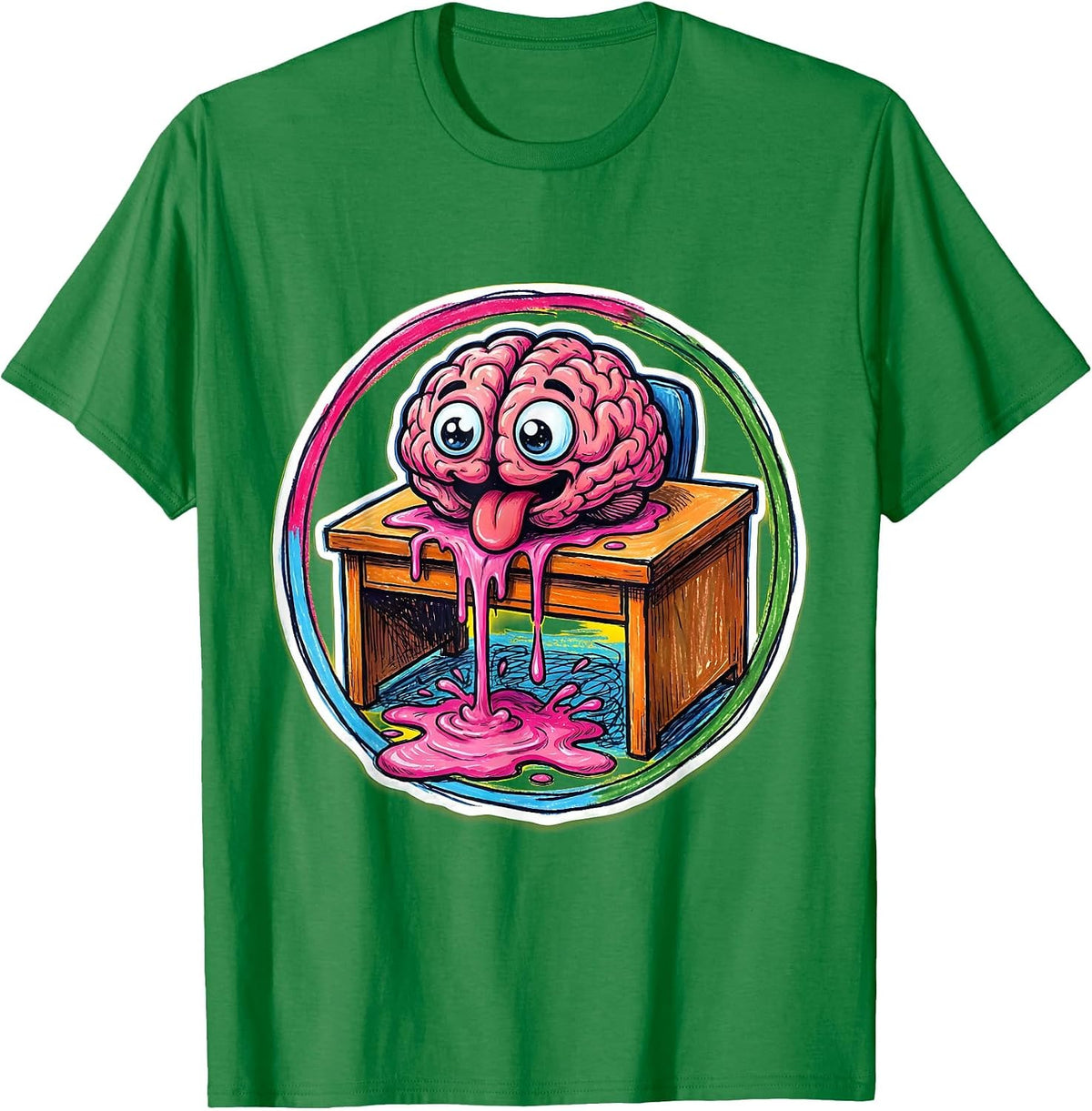 Men's Melting Brain Puddle Funny Inappropriate Design T-Shirt - Kelly Green