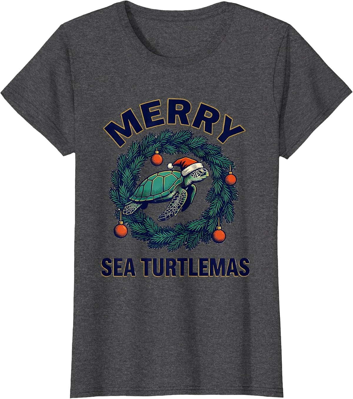 Women's Merry Sea Turtlemas Whimsical Sea Turtle Lover Christmas T-Shirt - Dark Heather Grey