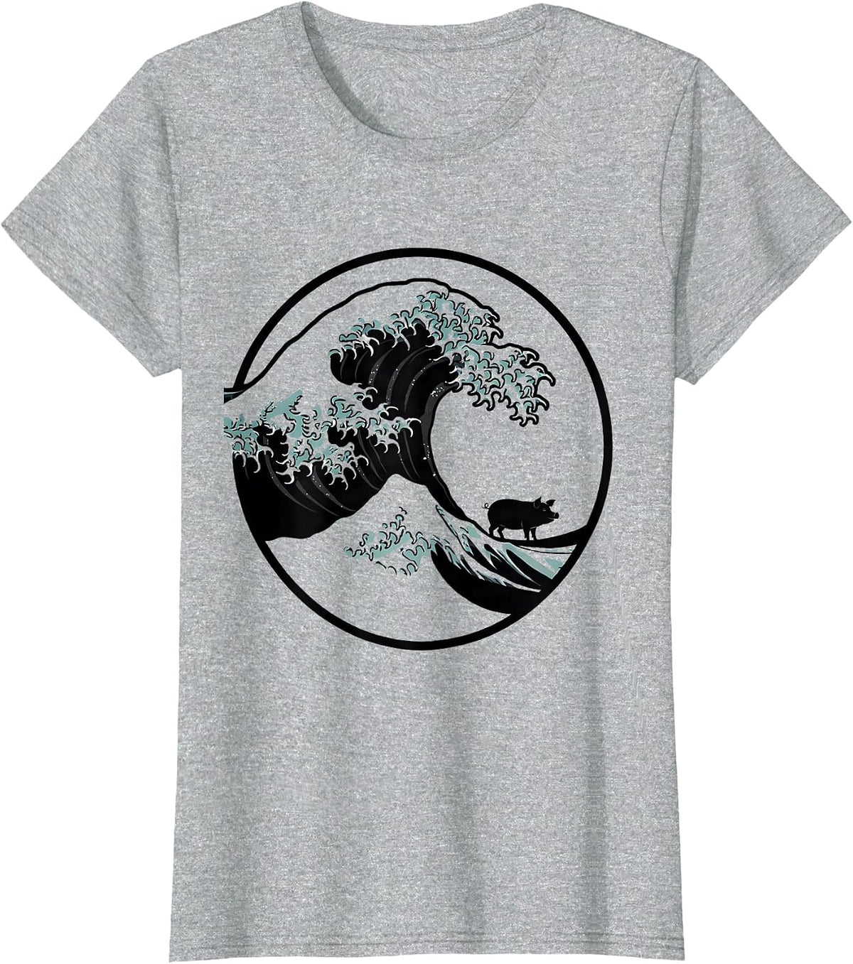 Great Wave Off Kanagawa Pig Silhouette Japanese Art Animal T-Shirt - Heather Grey
