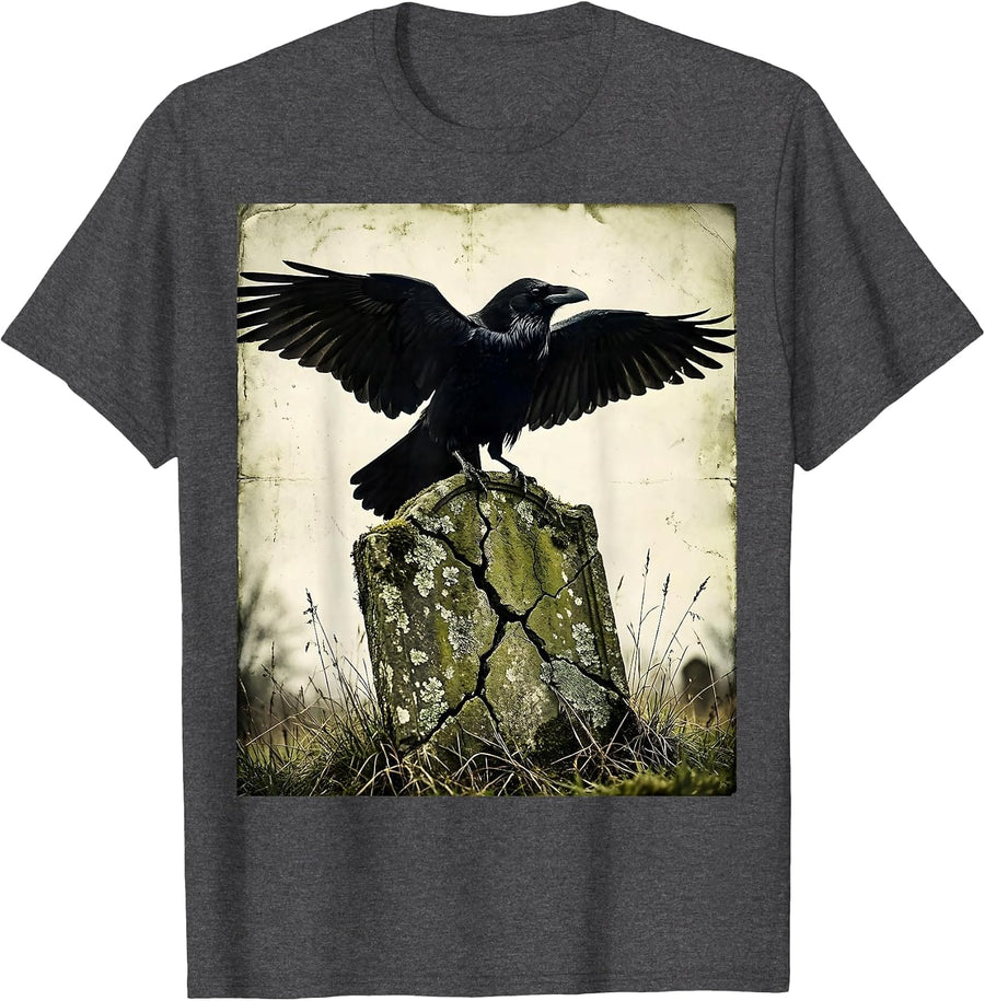 Men's Raven on Gravestone Gothic Dark Art Design T-Shirt - Dark Heather Grey