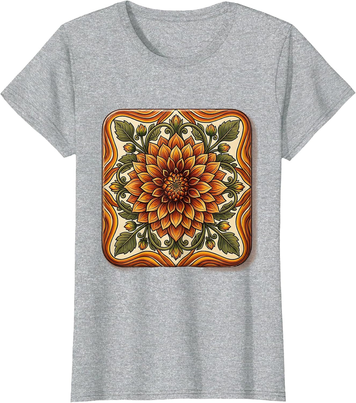 Mexican Talavera Floral Tile Art Design T-Shirt - Heather Grey