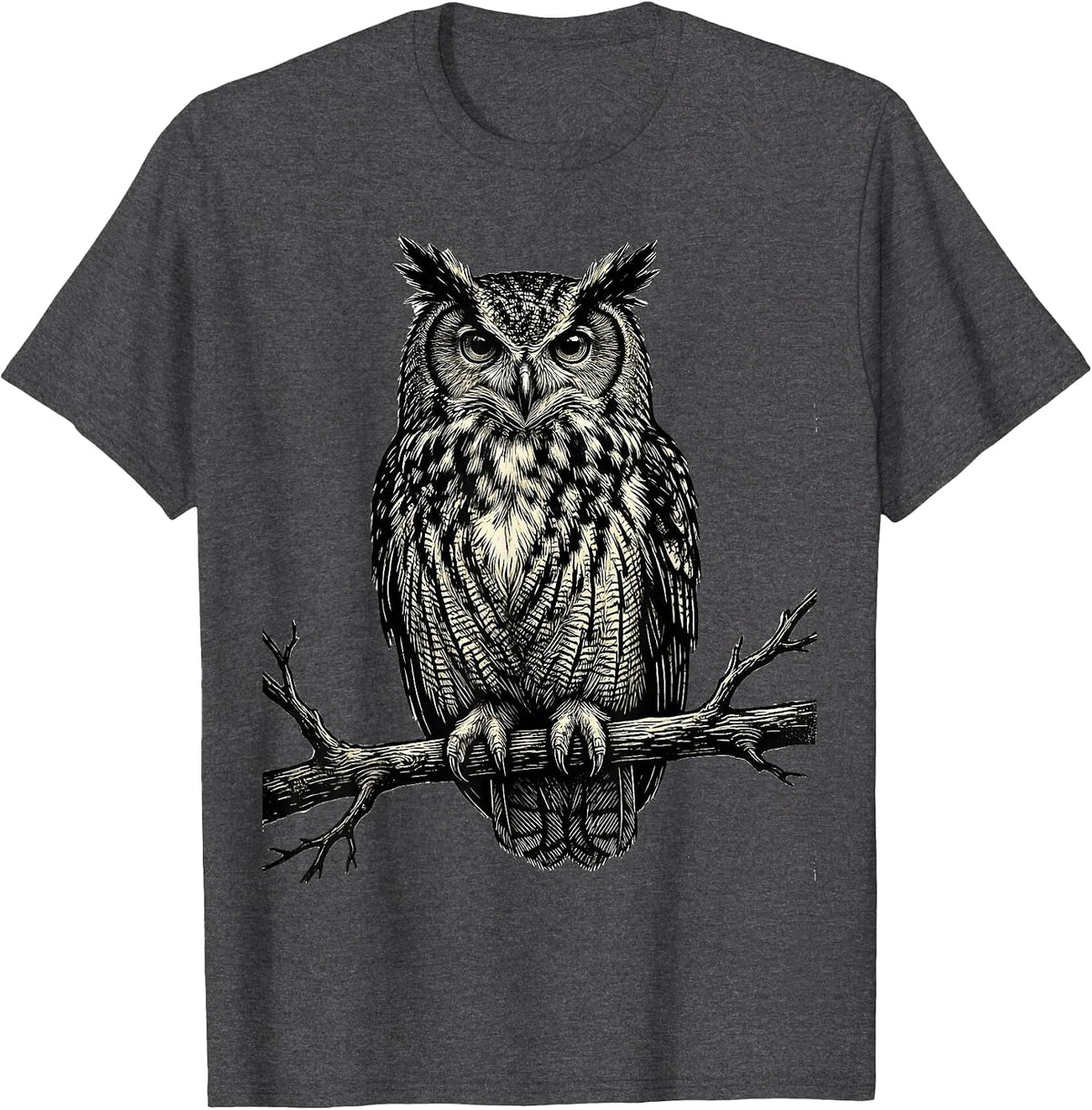 Men's Tall-Perched Owl Bold Relief Nature Lover Humor T-Shirt - Dark Heather Grey