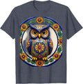 Mexican Talavera Ceramic Owl Floral Art Design T-Shirt - Heather Blue