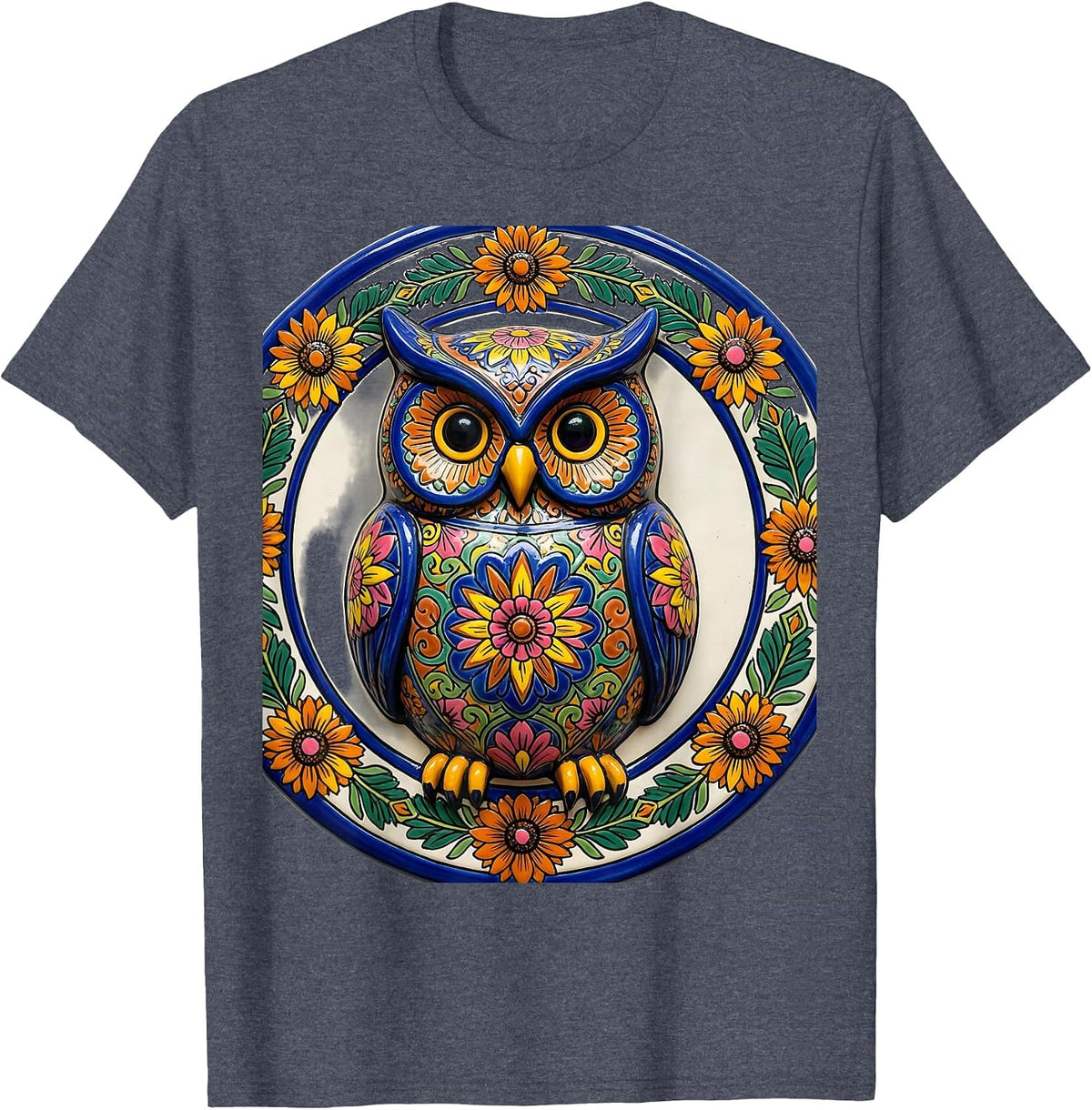 Mexican Talavera Ceramic Owl Floral Art Design T-Shirt - Heather Blue