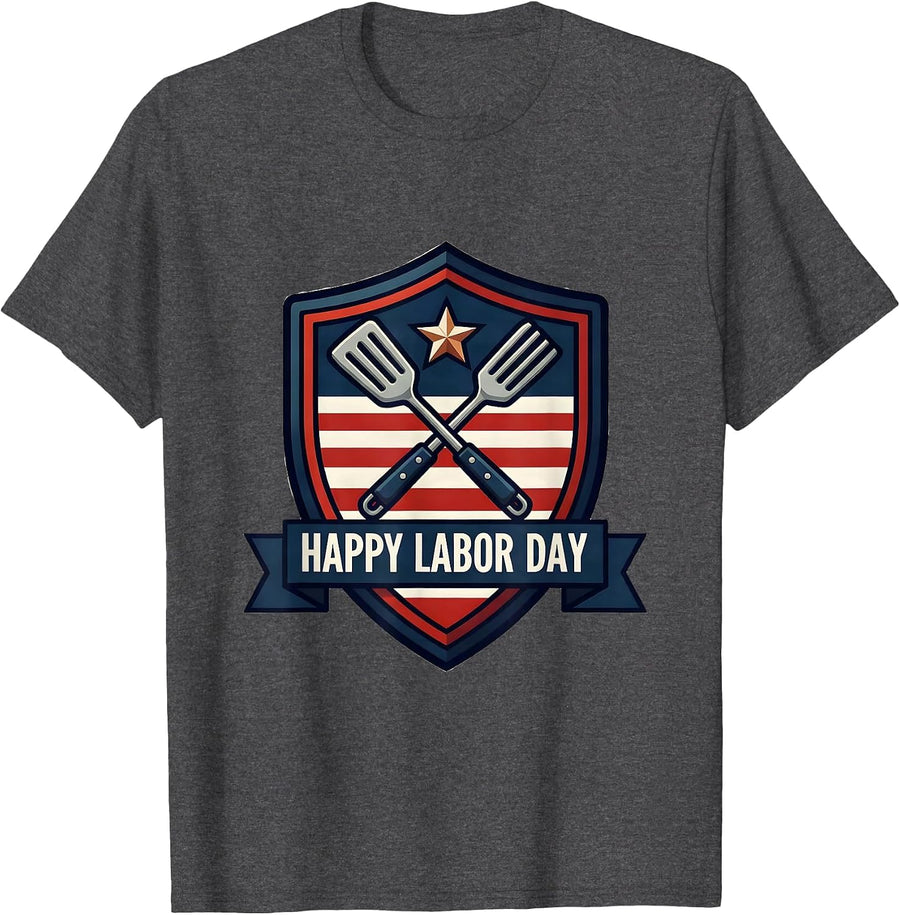 Men's Happy Labor Day Patriotic Americana Shield Emblem BBQ Gift T-Shirt - Dark Heather Grey