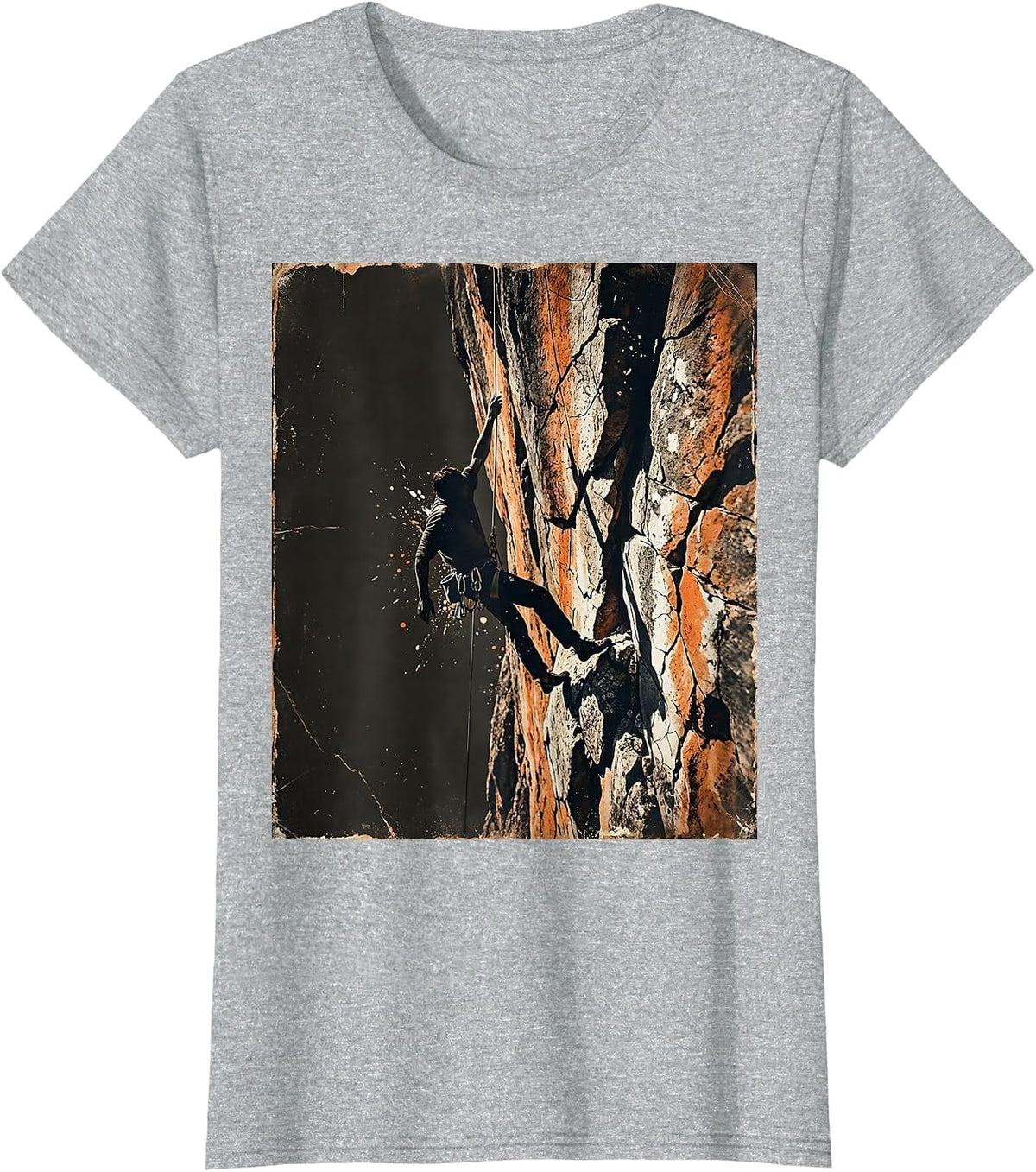 One-Handed Cliff Hanger Rock Climbing Graphic T-Shirt - Heather Grey