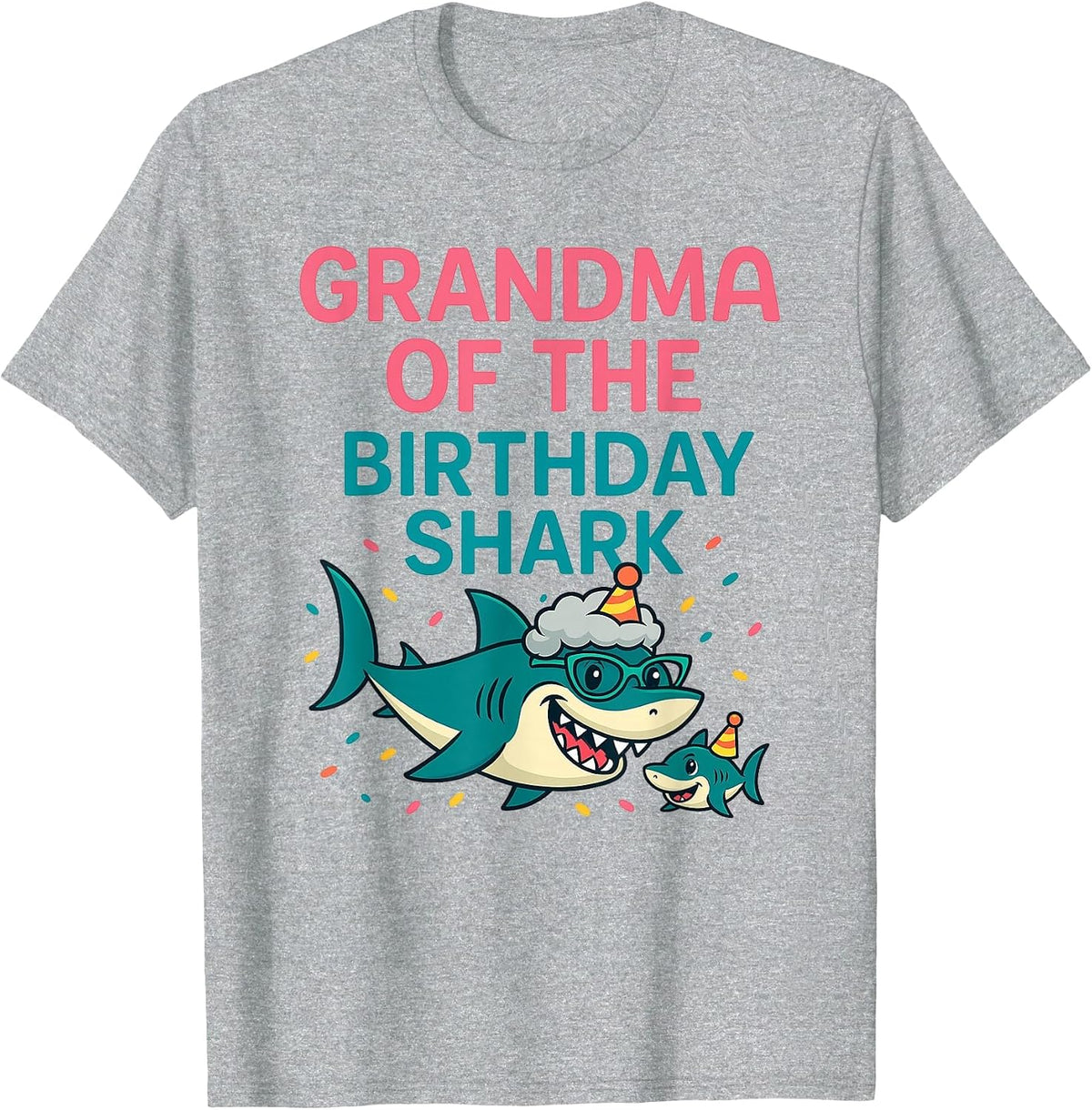 Grandma of The Birthday Shark - Wildlife Sea Lover T-Shirt - Heather Grey