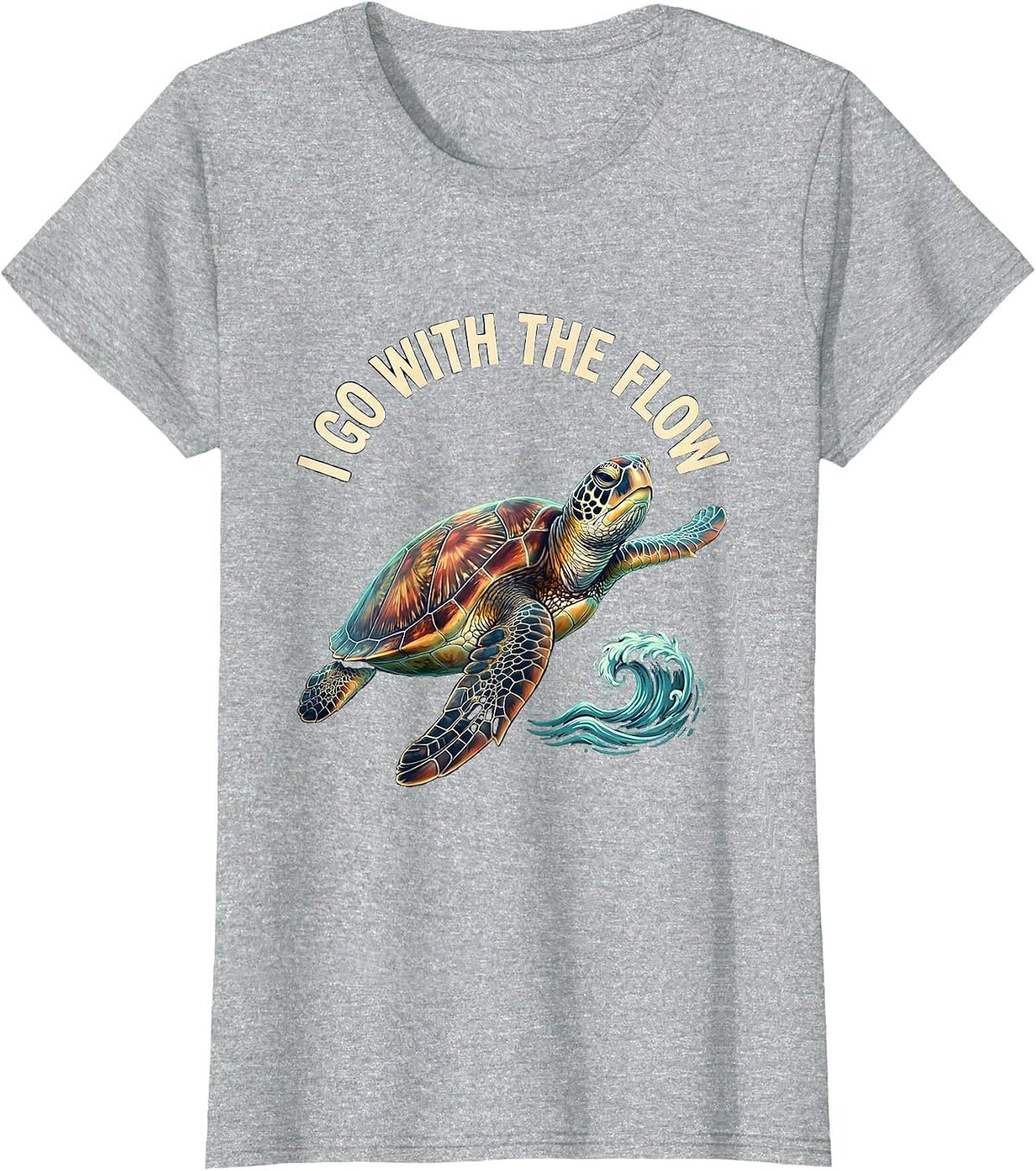 Women's I Go With The Flow Illustration Sea Turtle Lover Tropical T-Shirt - Heather Grey