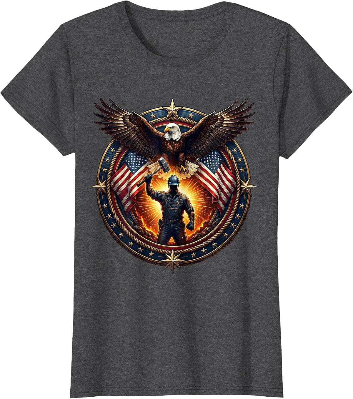 Women's Steel Worker Silhouette Molten Glow Patriotic Design T-Shirt - Dark Heather Grey