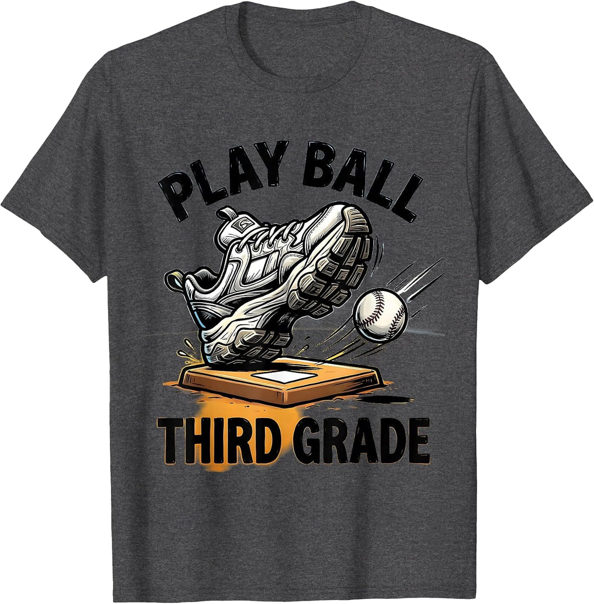 Men's Play Ball Third Grade Cartoon Baseball Back To School T-Shirt - Dark Heather Grey
