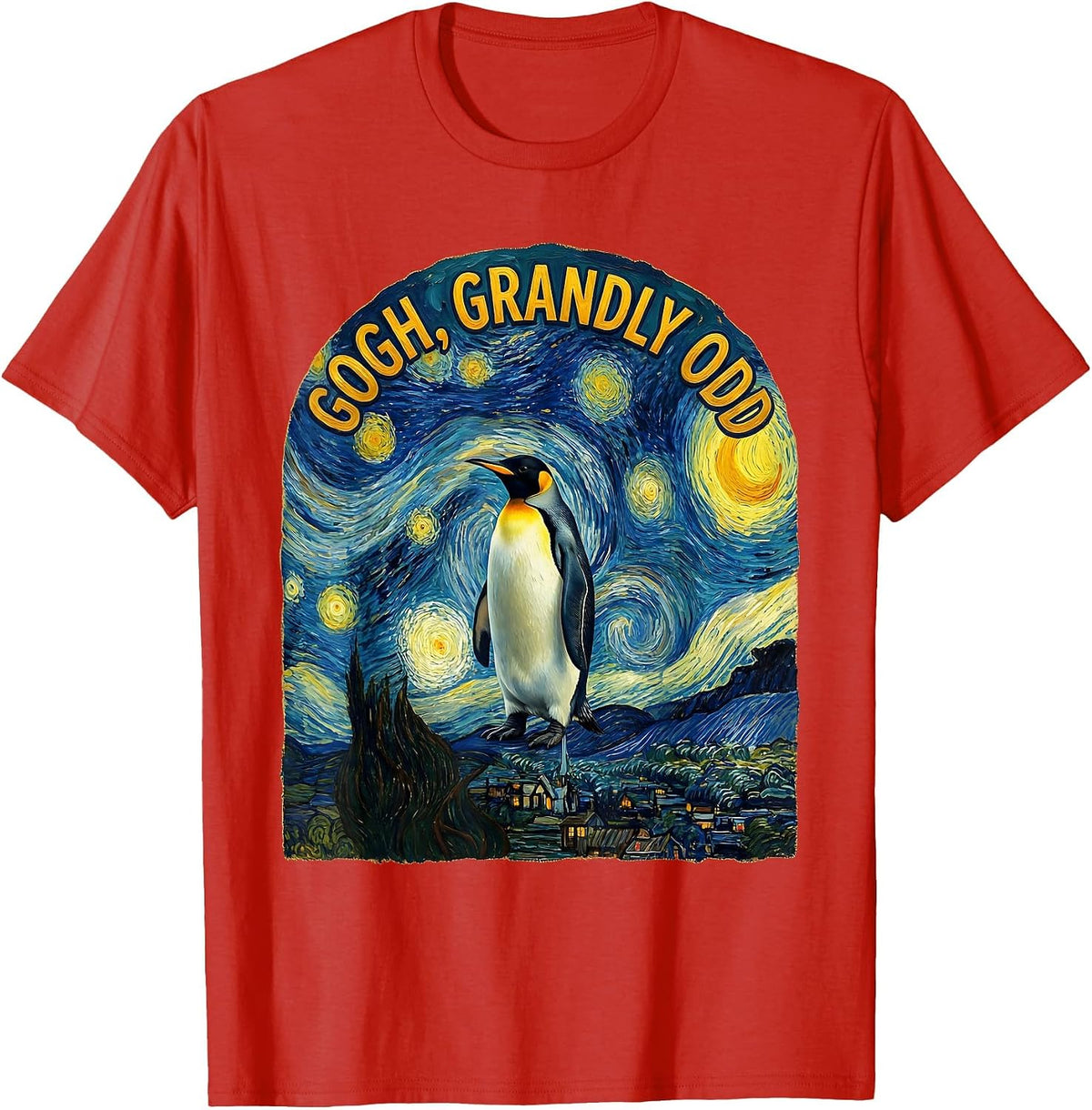 Men's Gogh, Grandly Odd Funny Van Gogh Art Penguin Lover Humor T-Shirt - Red