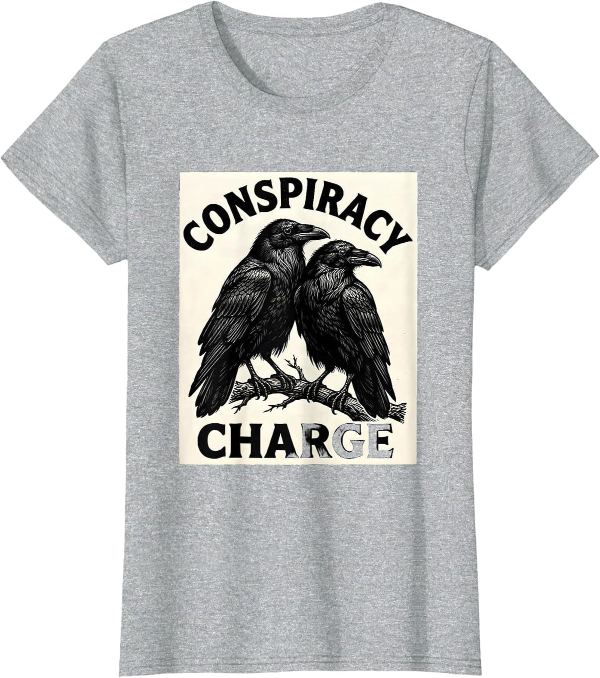 Women's Conspiracy Charge Woodcut Engraving Crow Lover Literary T-Shirt - Heather Grey