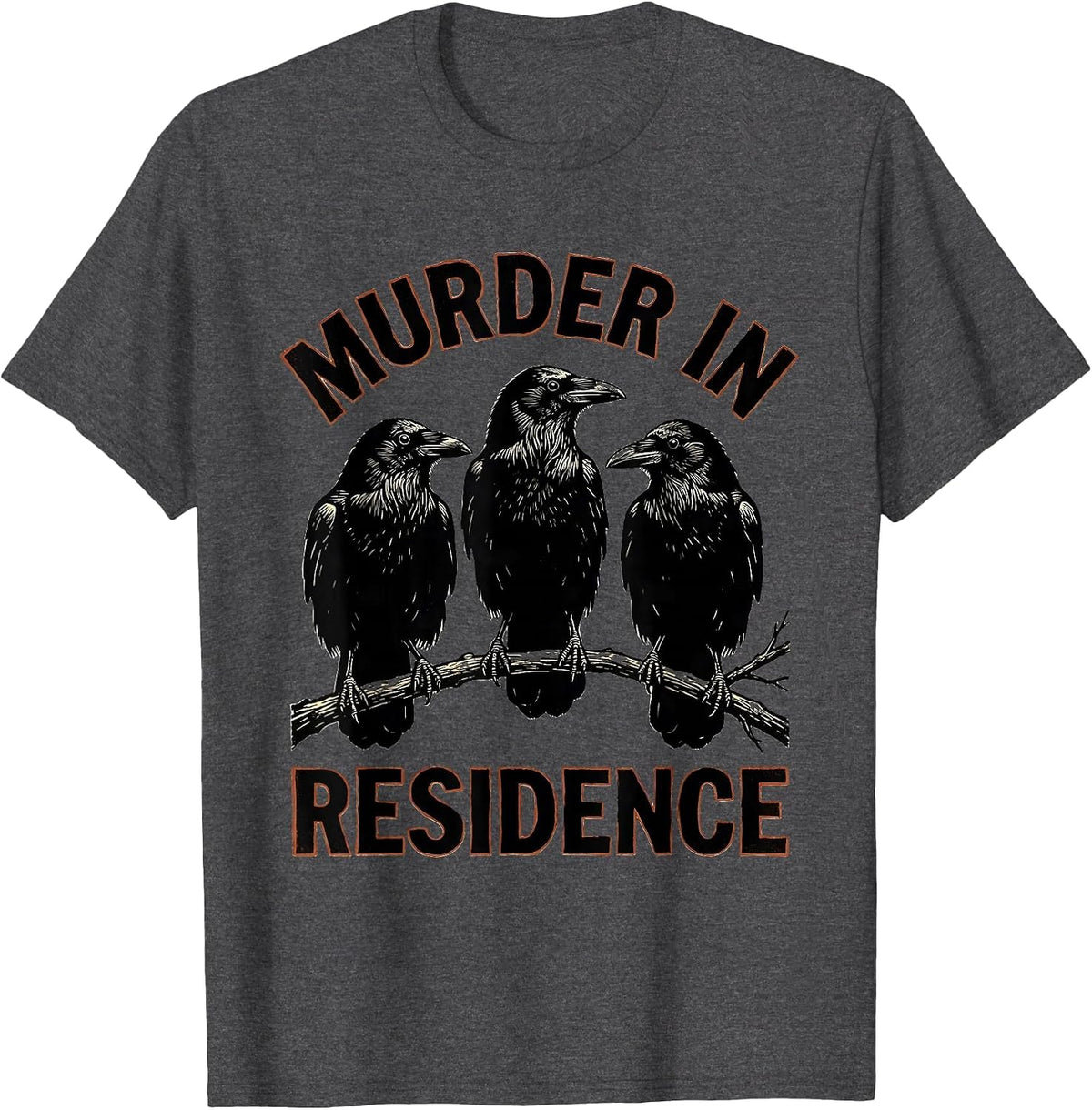 Murder In Residence Linocut Crow Murder Raven Gothic Humor T-Shirt - Dark Heather Grey