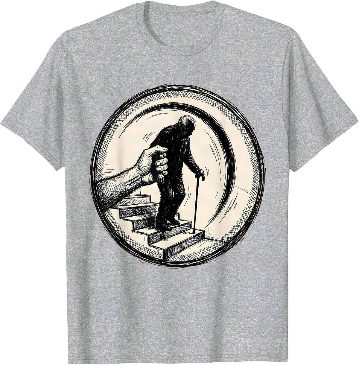 Men's Caregiver Helping Elderly on Steps Fall Prevention T-Shirt - Heather Grey