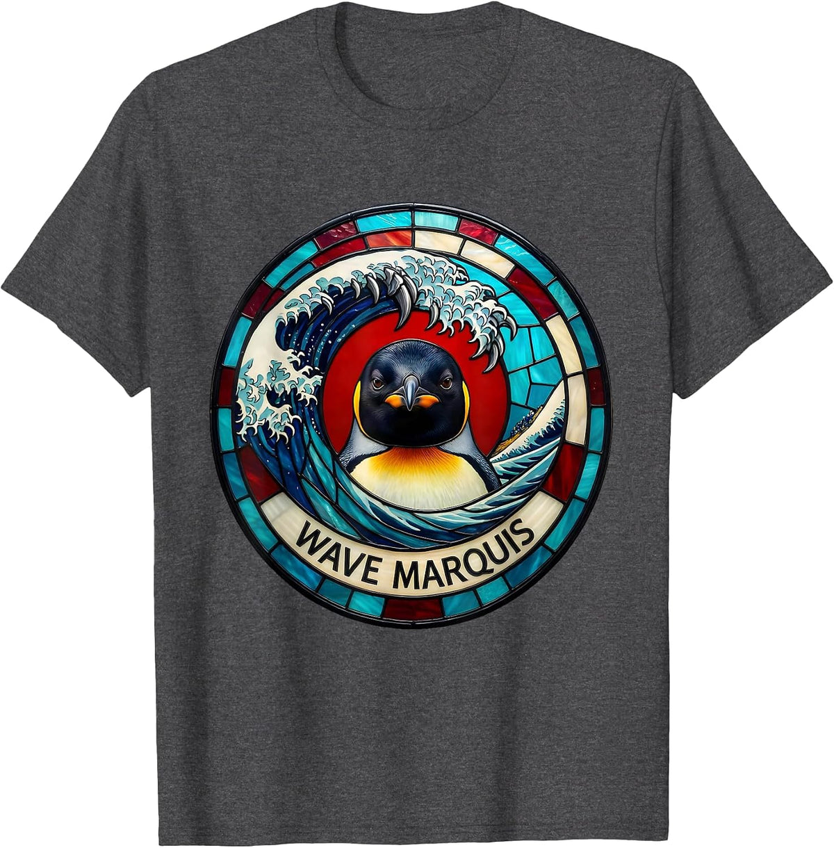 Men's Penguin, Wave Marquis Stained Glass Mosaic Animal Lover T-Shirt - Dark Heather Grey