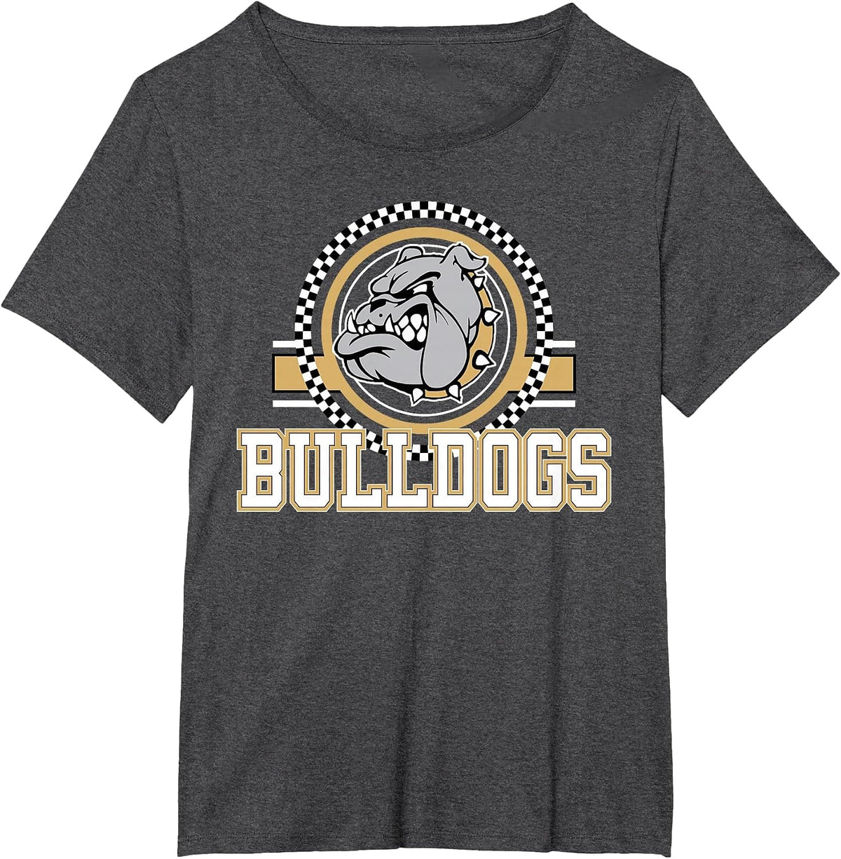 Bulldogs Checkered Print Logo Gold Bulldog Mascot School T-Shirt - Dark Heather Grey