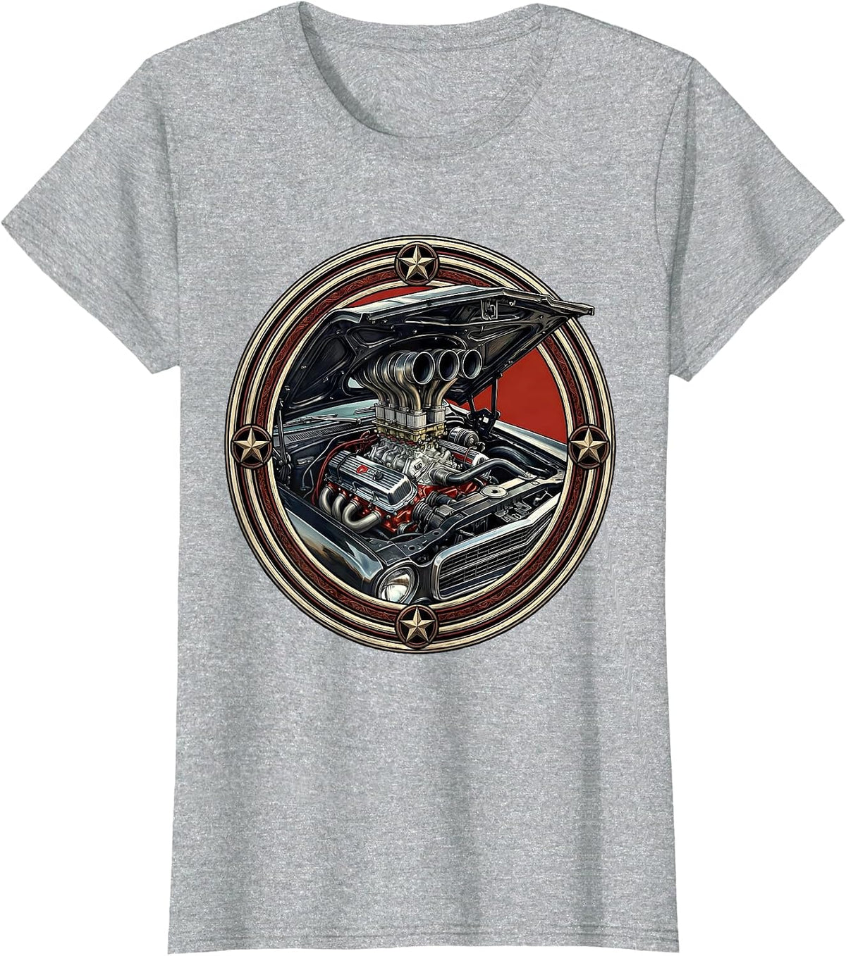 Women's Vintage Hot Rod Engine Bursting Through Hood T-Shirt - Heather Grey
