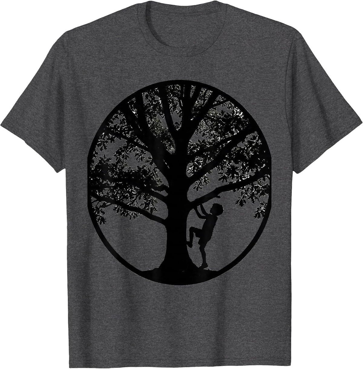 Young Boy Climbing Tall Oak Tree Illustration T-Shirt - Dark Heather Grey
