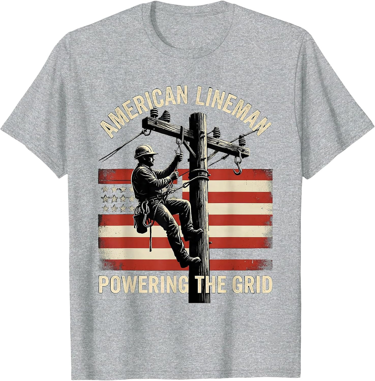 Men's American Lineman Powering the Grid Distressed Electrician T-Shirt - Heather Grey