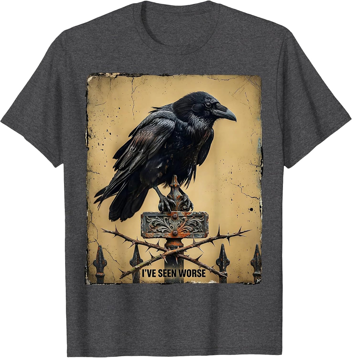 Men's I've Seen Worse Distressed Gothic Crow Raven Dark Humor T-Shirt - Dark Heather Grey