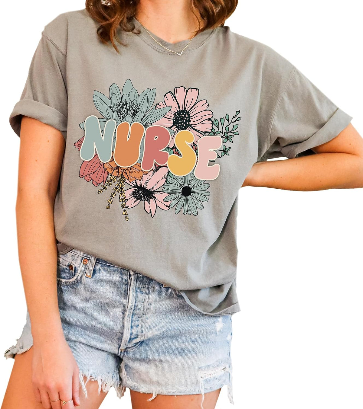 Nurse T-Shirt, Floral Design Retro Look Oversized Unisex Graphic Tee for Nurse, 100% Cotton Premium Quality Best Gift for