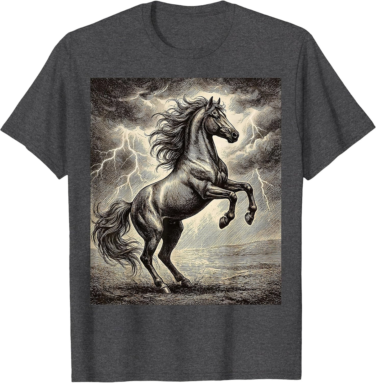 Wild Stallion Rearing Storm Sky Horse Graphic T-Shirt - Dark Heather Grey