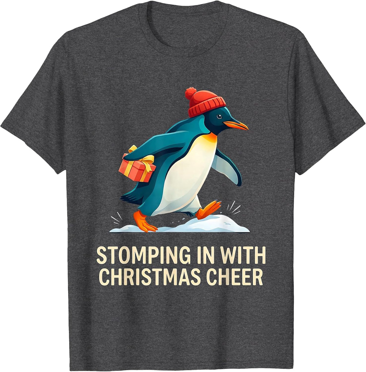 Men's Stomping In With Christmas Cheer Funny Penguin Lover T-Shirt - Dark Heather Grey