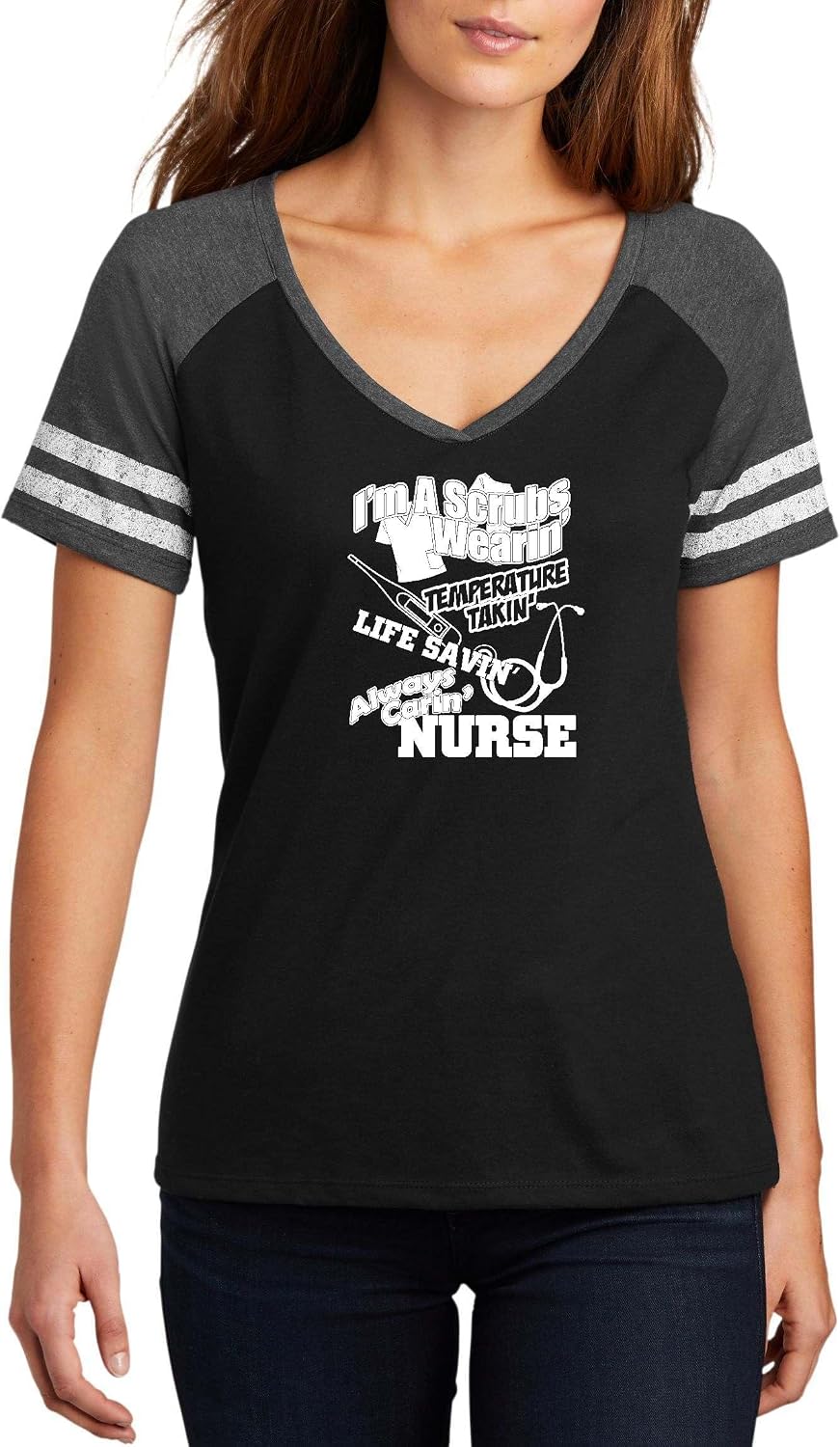Funny Nurse Quote Graphic Top Scrubs Wearin' Temperature Takin' Life Savin' Nurse Design Ladies Game Day V-Neck Tee - Ladies