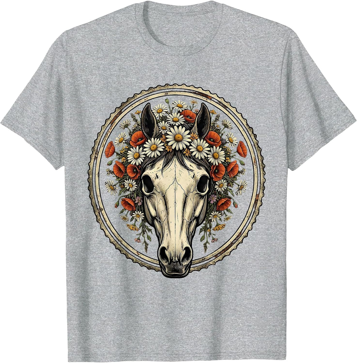Men's Horse Skull Wildflower Crown Botanical Art T-Shirt - Heather Grey