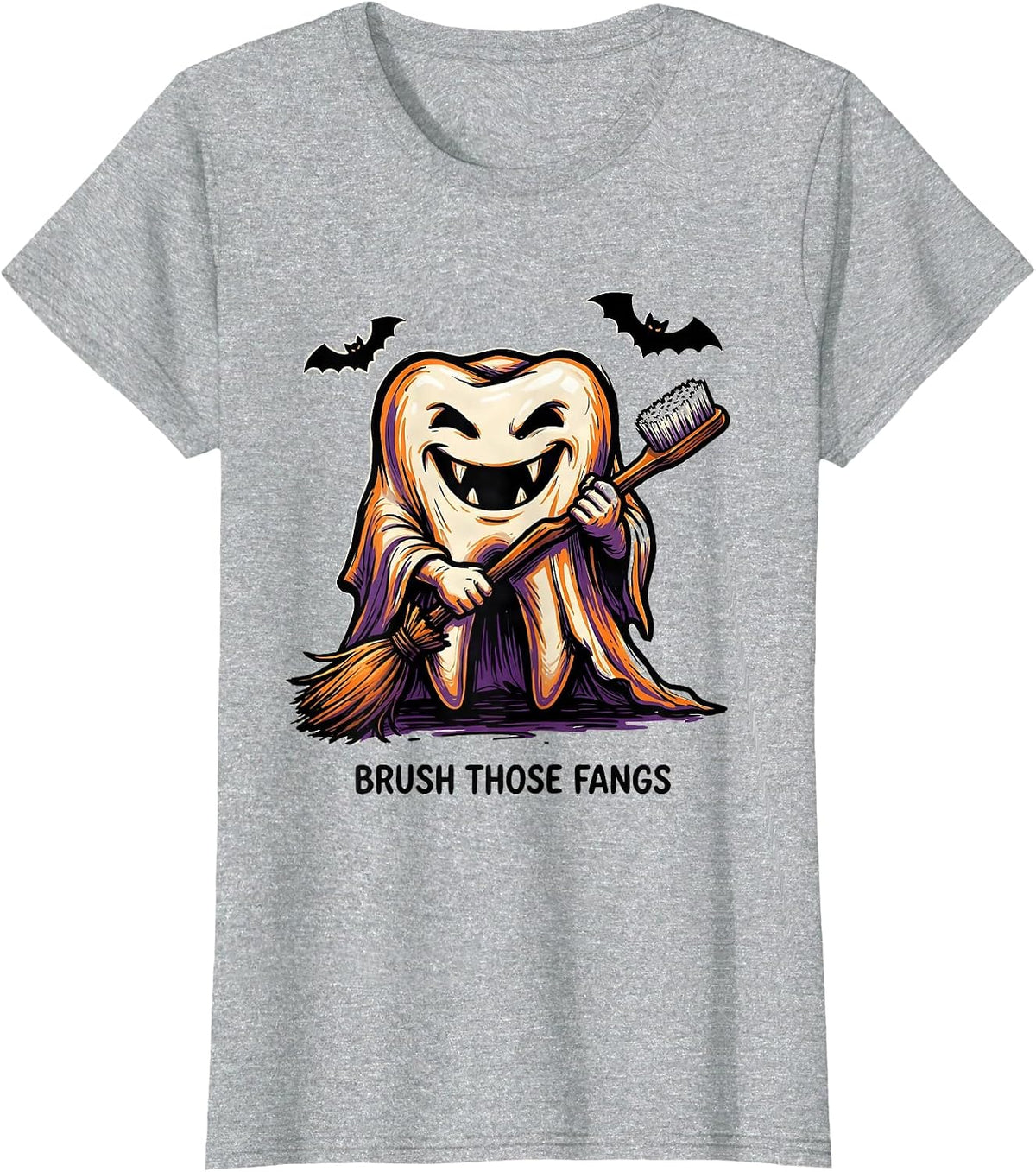 Women's Brush Those Fangs Funny Dental Hygienist Ghost Halloween T-Shirt - Heather Grey
