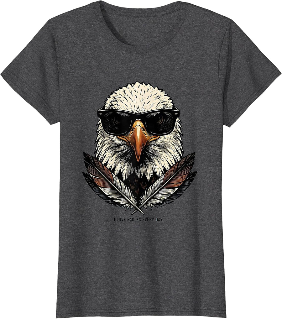 Women's I Love Eagles Every Day Funny Bald Eagle Sunglasses Linocut T-Shirt - Dark Heather Grey