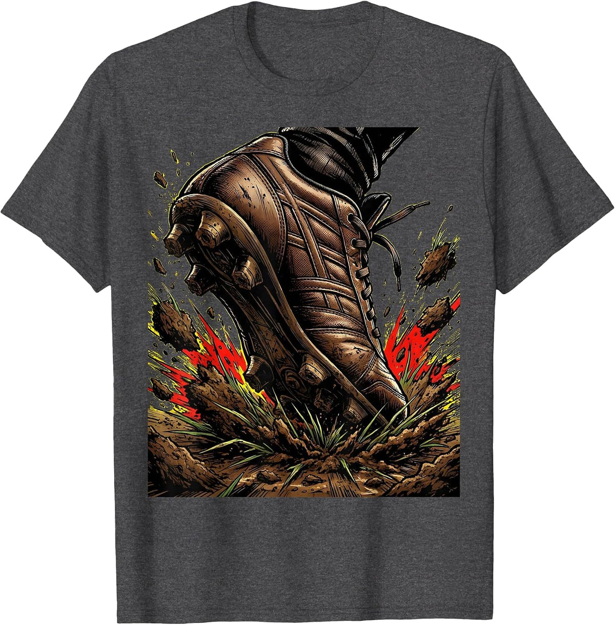 Rugby Muddy Boots Stomping Grass Illustration T-Shirt - Dark Heather Grey