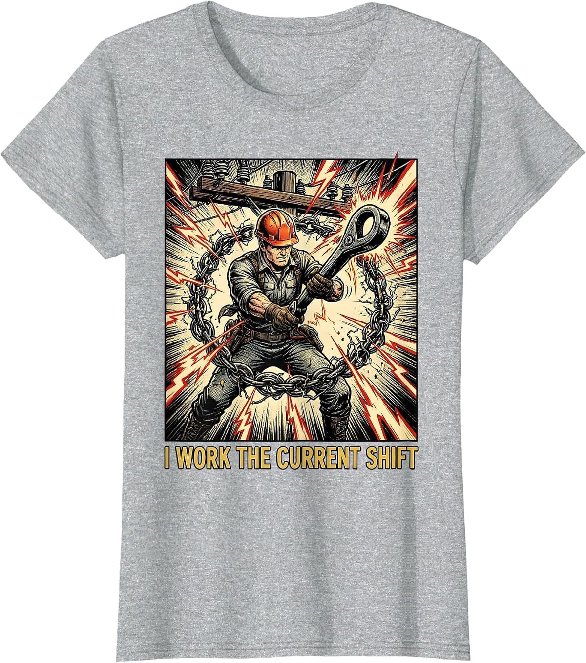 Women's I Work The Current Shift Funny Electrician Lineman Dark T-Shirt - Heather Grey