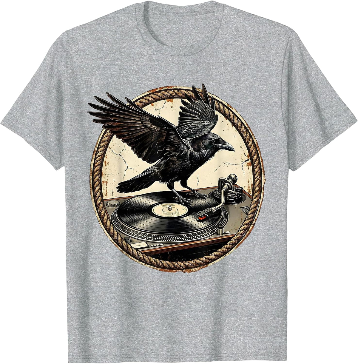 Men's Raven on Vintage Turntable Rock Music Graphic T-Shirt - Heather Grey