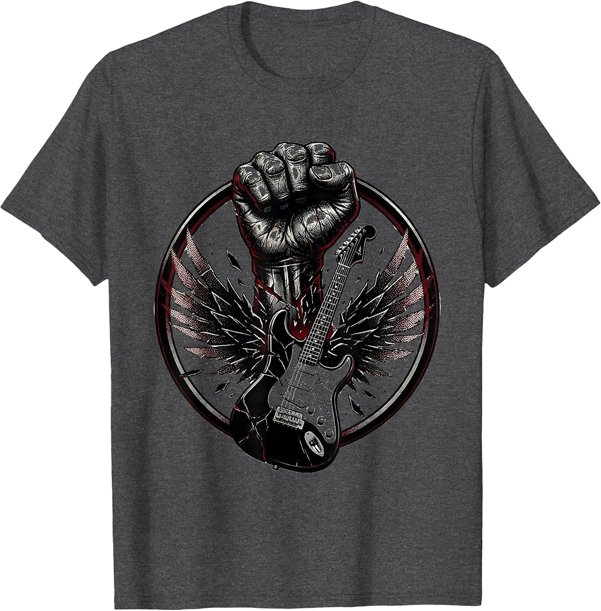 Iron Fist Crushing Guitar Metal Band Graphic T-Shirt - Dark Heather Grey