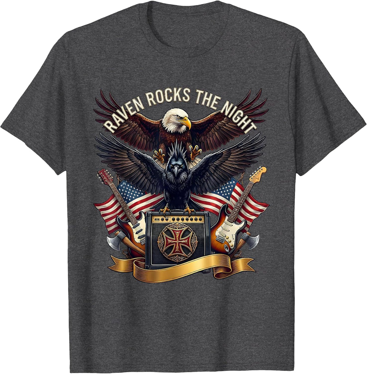 Halloween Punk Rock Raven on Amp Design T-Shirt - Dark Heather Grey