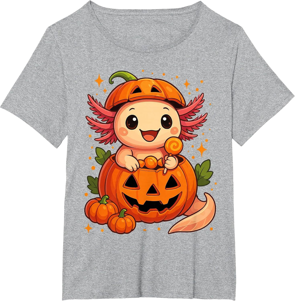Cute Axolotl Halloween Spooky Candy Pumpkin Axolotl T-Shirt - Heather Grey