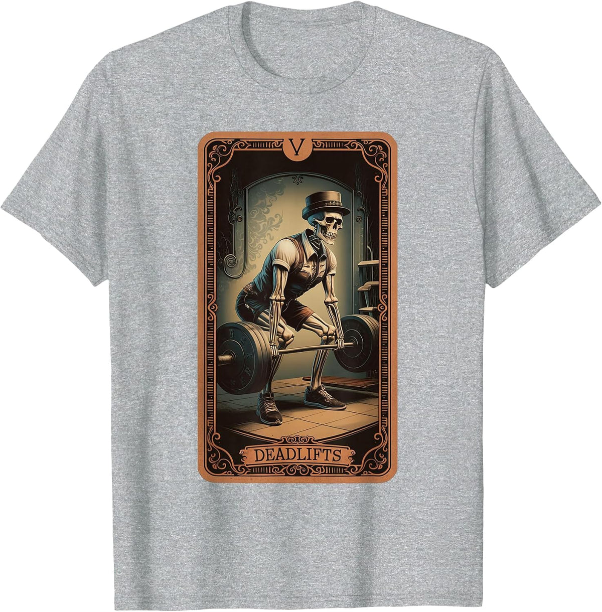 Tarot Card Skeleton Deadlifts Powerlifting Weightlifting Gym T-Shirt - Heather Grey
