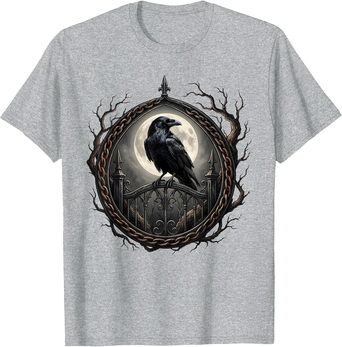 Men's Raven on Gothic Iron Gate Halloween Design T-Shirt - Heather Grey
