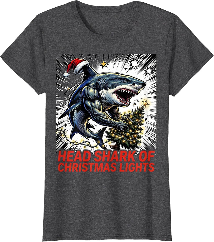 Women's Head Shark of Christmas Lights Funny Shark Santa Jaws T-Shirt - Dark Heather Grey