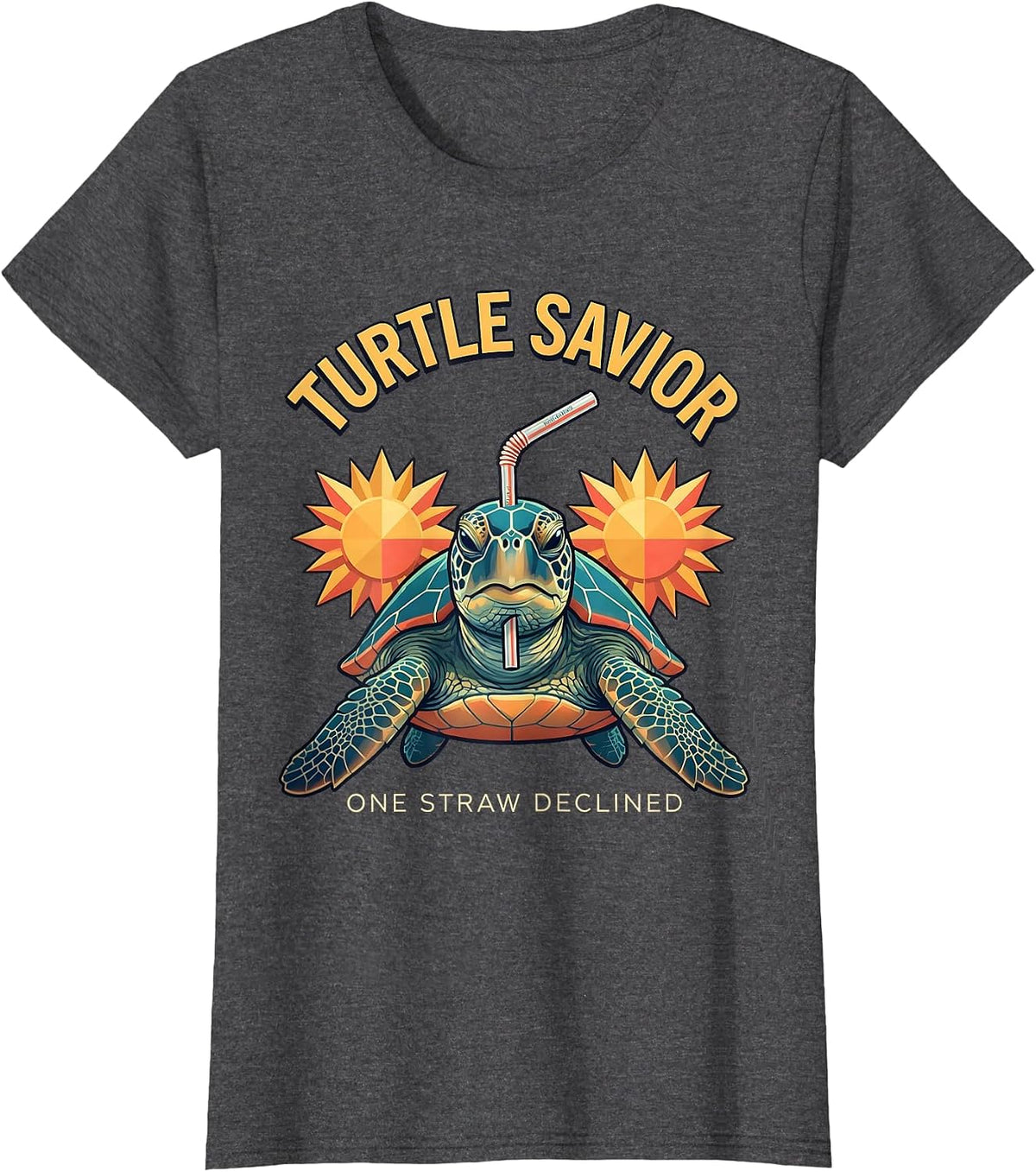 Women's Turtle Savior, One Straw Declined Funny Sea Turtle Plastic T-Shirt - Dark Heather Grey