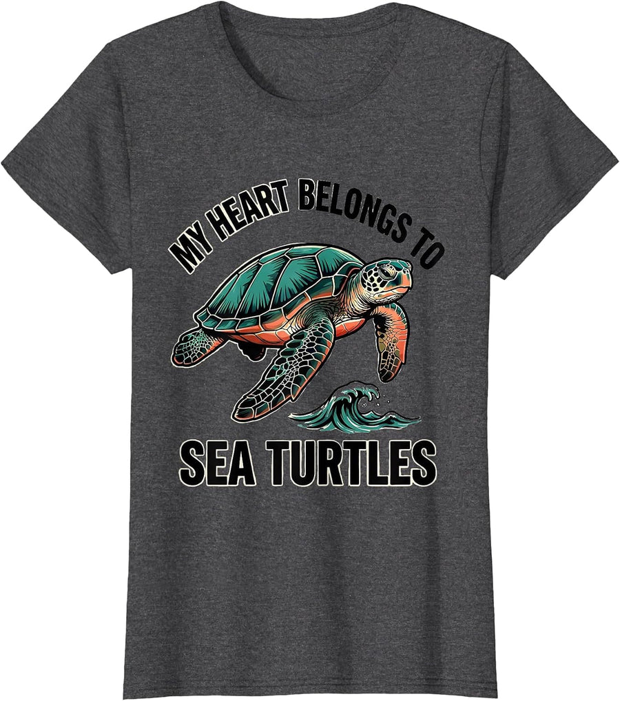 Women's My Heart Belongs To Sea Turtles Tattoo Ocean Animal Lover T-Shirt - Dark Heather Grey