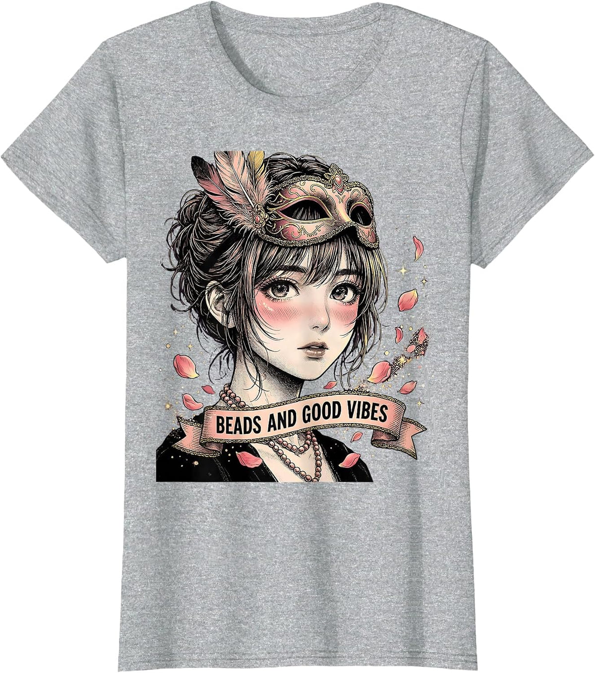 Women's Beads and Good Vibes Mardi Gras Design T-Shirt - Heather Grey