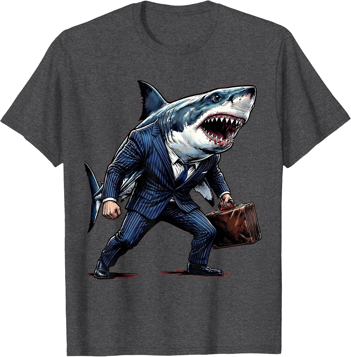 Shark in Business Suit Briefcase Funny Office T-Shirt - Dark Heather Grey
