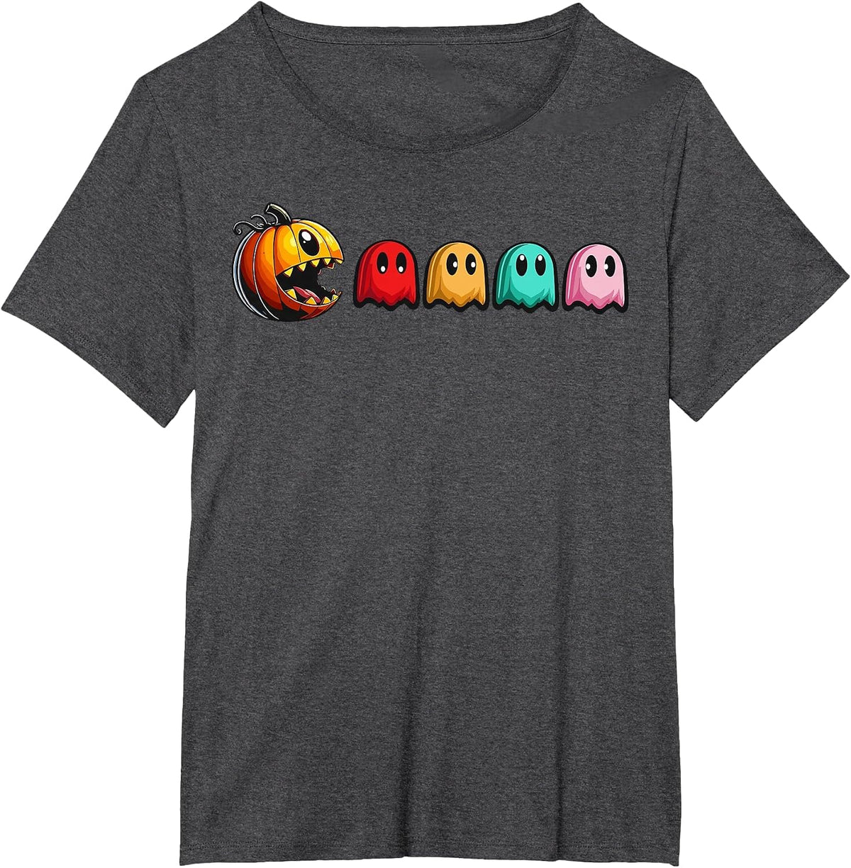 Halloween Pumpkin vs. Ghosts Retro Video Game T-Shirt - Dark Heather Grey
