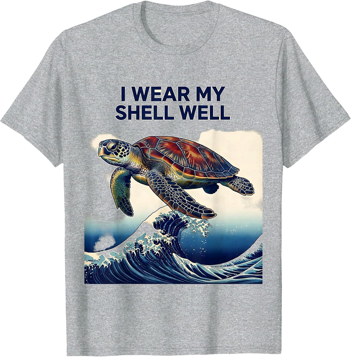 Men's I Wear My Shell Well Ukiyo-e Sea Turtle Lover Tropical T-Shirt - Heather Grey